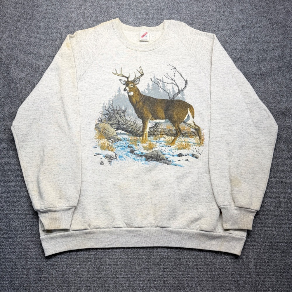 Vintage Jerzees Deer Graphic Sweatshirt Mens XXL Made in USA Gray Buck Wildlife